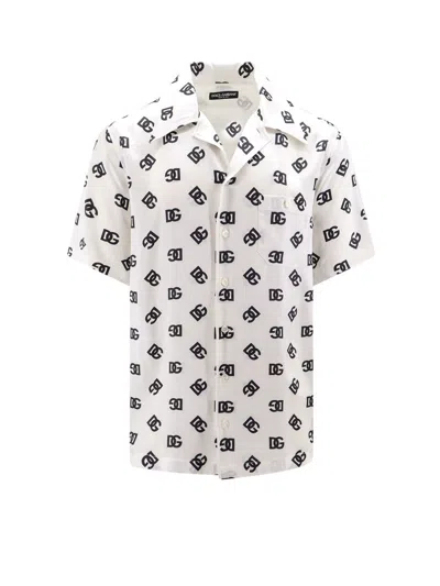 Dolce & Gabbana Silk Hawaiian Shirt With Dg Monogram Print In White,black