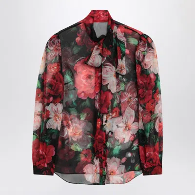 DOLCE & GABBANA SHIRT WITH BOW IN CHIFFON WITH FLORAL PRINT