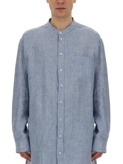 Dolce & Gabbana Oversized Linen Shirt With Mandarin Collar In Blue