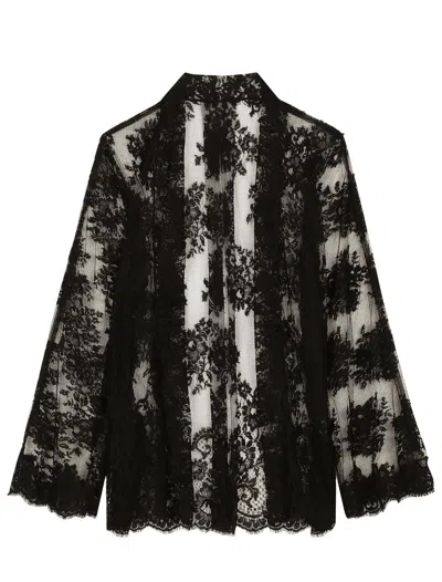 Dolce & Gabbana Floral Chantilly Lace Kimono Shirt In Black