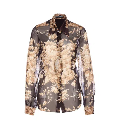Dolce & Gabbana Floral Print Sheer Long Sleeve Shirt In Brown