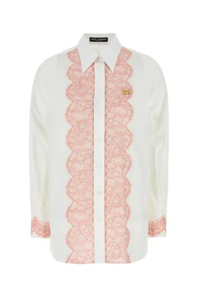 Dolce & Gabbana Oversize Cotton Poplin Shirt With Lace Appliqués In White