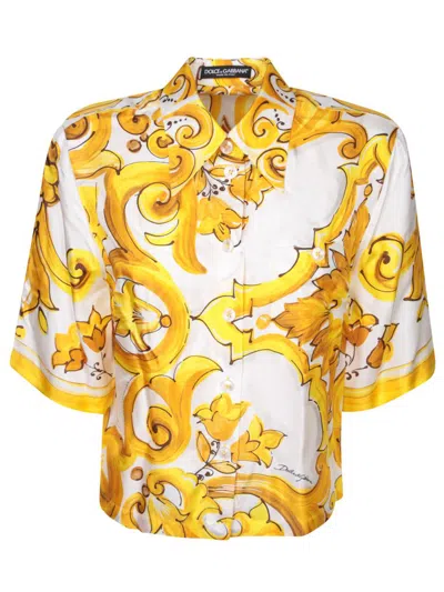 Dolce & Gabbana Maiolica Print Silk Short Sleeves Shirt In Multi
