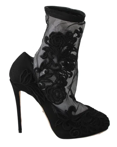 Pre-owned Dolce & Gabbana Shoes Black Roses Stilettos Booties Socks Eu39 / Us8.5 Rrp $1400