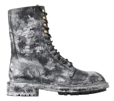 Pre-owned Dolce & Gabbana Shoes Boots Black Gray Leather Mid Calf Eu40 / Us7 Rrp $1500