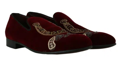 Pre-owned Dolce & Gabbana Shoes Bordeaux Velvet Loafers Gun Horseshoe Eu39 / Us6 Rrp $1900 In Red