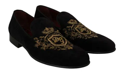 Pre-owned Dolce & Gabbana Shoes Loafers Black Velvet Gold Crown Mens Eu39 / Us6 Rrp $2200