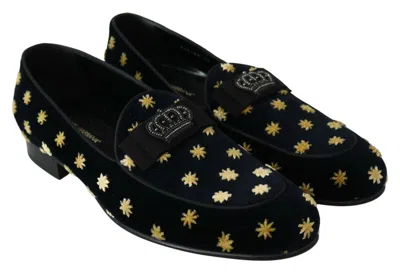 Pre-owned Dolce & Gabbana Shoes Loafers Blue Velvet Crown Slippers Eu39 / Us6 Rrp $1200
