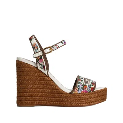 Dolce & Gabbana Leather-trimmed Embroidered Canvas Platform Wedge Sandals In Brown