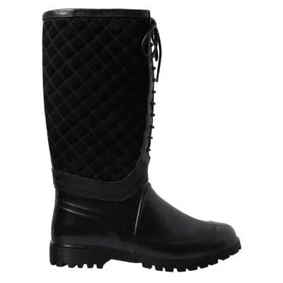Pre-owned Dolce & Gabbana Shoes Rain Boots Black Chioggia Rubber Suede Eu43 / Us10 1500usd
