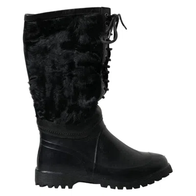 Pre-owned Dolce & Gabbana Shoes Rain Boots Black Rubber Lace Up Shearling Eu42/us9 1900usd