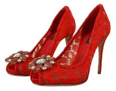 Pre-owned Dolce & Gabbana Shoes Red Taormina Lace Crystal Heels Pumps Eu35 / Us4.5 $1100