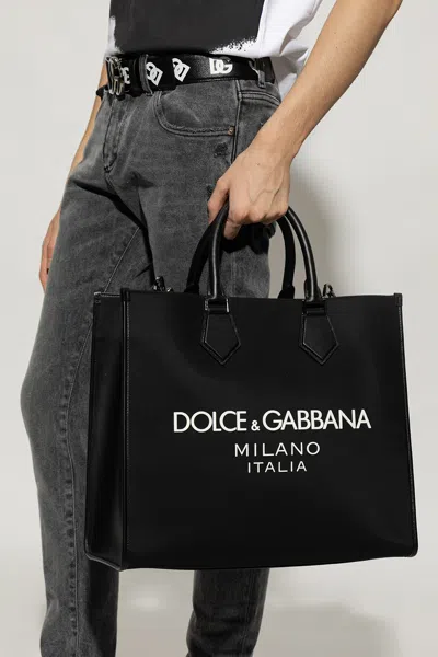 Dolce & Gabbana Large Nylon Shopper With Rubberized Logo In Black