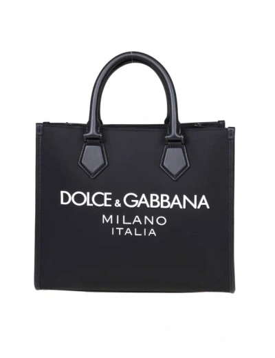 Dolce & Gabbana Shopping Bag In Fabric With Rubber Logo In Black