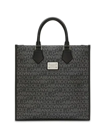 Dolce & Gabbana Coated Canvas And Leather Handbag With All-over Logo In Blue