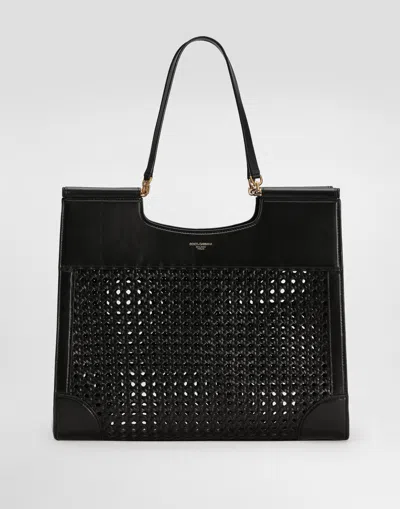 Dolce & Gabbana Shopping Sicily In Straw And Calfskin Weave In Black