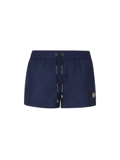 Dolce & Gabbana Short Beach Boxer Shorts Made Of Lightweight Nylon With Metal Logo Plaque In Blue