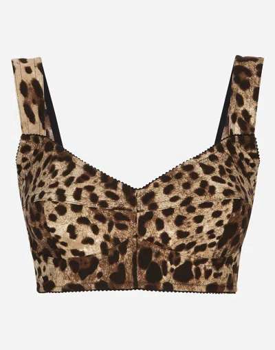 DOLCE & GABBANA SHORT BUSTIER TOP IN CHARMEUSE WITH LEOPARD PRINT