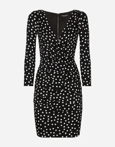 DOLCE & GABBANA SHORT CHARMEUSE DRESS WITH DRAPED DETAILING AND MICRO POLKA-DOT PRINT