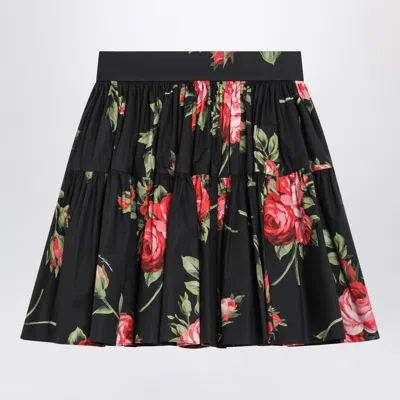 Dolce & Gabbana Short Cotton Skirt With Bouquet Rose Print, Black