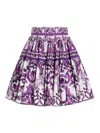 Dolce & Gabbana Violet Pleated Miniskirt With Rear Zip Closure And All-over Graphic Print In Multi