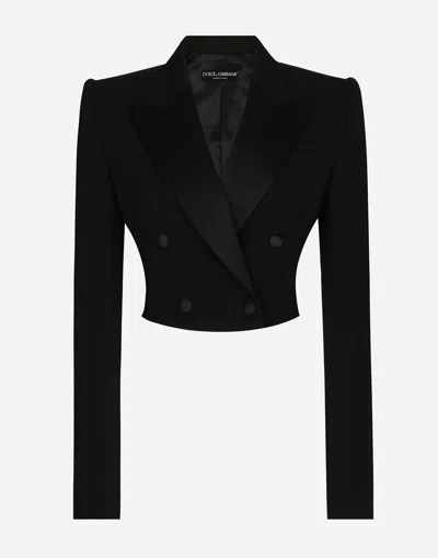 Dolce & Gabbana Short Double-breasted Wool Gabardine Tuxedo Jacket In Black