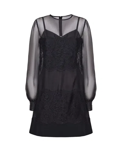 Dolce & Gabbana Short Dress In Silk Organza With Lace Inlays In Black