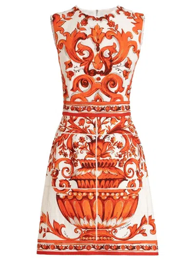 Dolce & Gabbana Majolica Print Sleeveless A Line Mini Dress In Orange