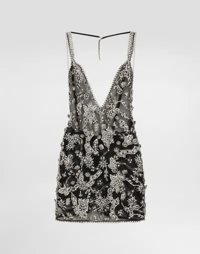 Dolce & Gabbana Short Embroidered Tulle Dress In Black