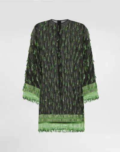Dolce & Gabbana Short Flared Organza Dress With Embroidery In Green