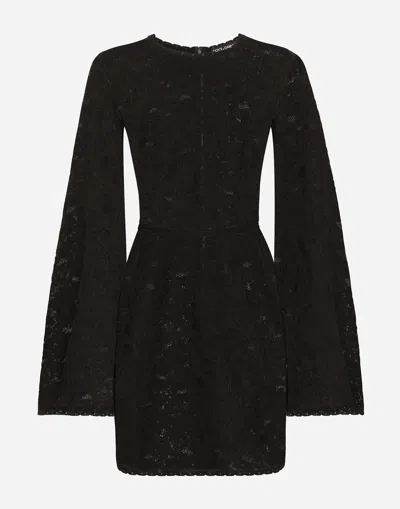 Dolce & Gabbana Short Lace-stitch Dress With Full Sleeves In ブラック