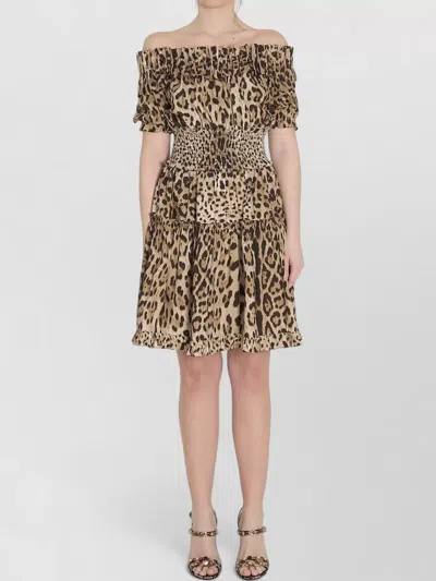 Dolce & Gabbana Short Leopard Print Poplin Bardot Dress In Brown