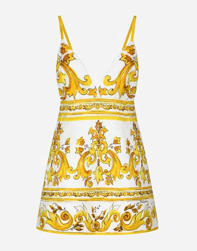 Dolce & Gabbana Short Majolica-print Brocade Dress With Straps In Yellow