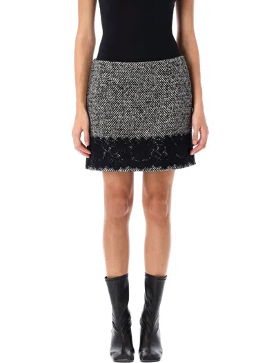 DOLCE & GABBANA SHORT MICRO-TWEED SKIRT WITH LACE INSERT