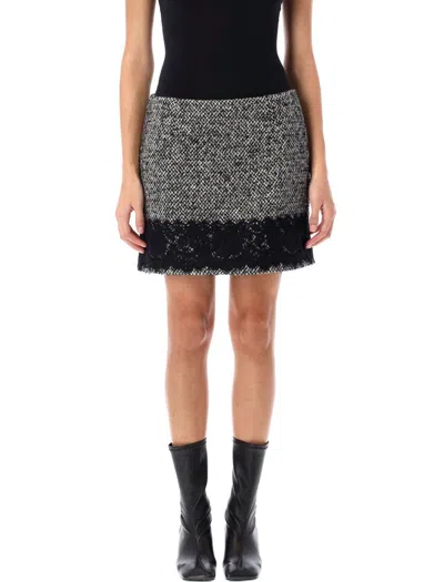 Dolce & Gabbana Short Micro-tweed Skirt With Lace Insert In Black Melange