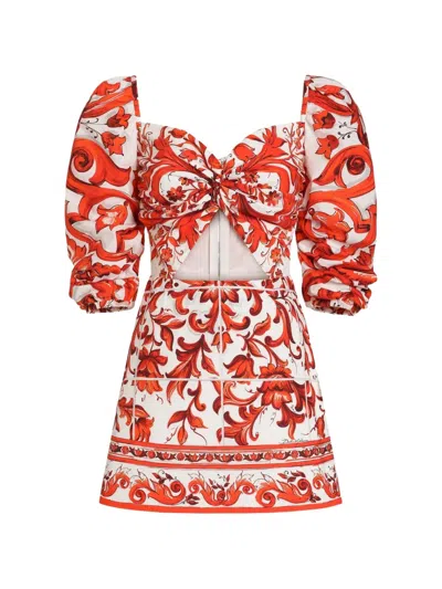 Dolce & Gabbana Short Poplin Dress In Majolica-print Poplin In Multi