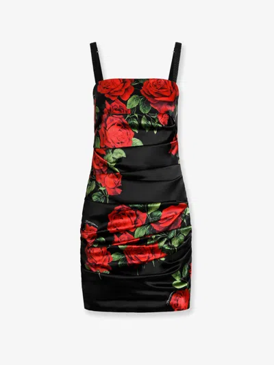 Dolce & Gabbana Short Satin Dress With Rose Print In Black