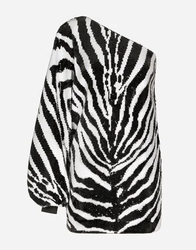 Dolce & Gabbana Short Sequined One-shoulder Dress With Zebra Print In Multicolor