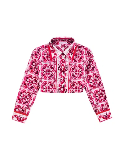 Dolce & Gabbana Kids' Short Shirt With Fuchsia Majolica Print In Pink