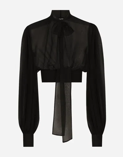 DOLCE & GABBANA SHORT SILK CHIFFON PUSSY-BOW BLOUSE