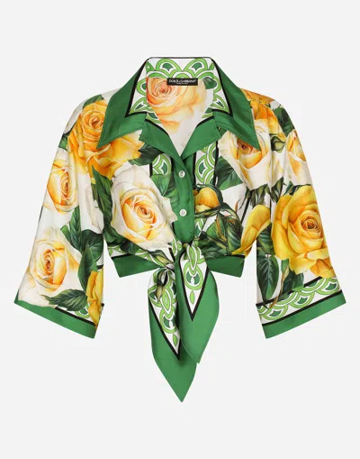 DOLCE & GABBANA SHORT SILK SHIRT WITH PUSSY-BOW AND YELLOW ROSE PRINT