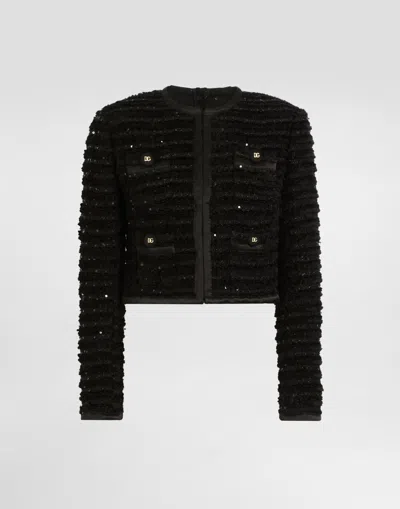 Dolce & Gabbana Short Single-breasted Tweed Jacket With Micro-sequin Embellishment In Black