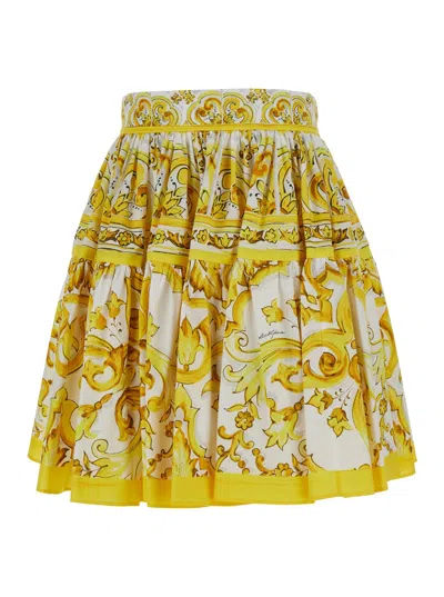 DOLCE & GABBANA YELLOW ROUND MINISKIRT WITH MAJOLICA PRINT IN COTTON WOMAN