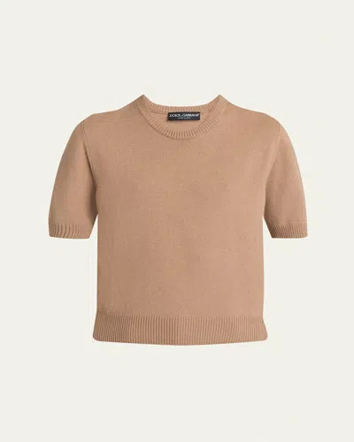 Dolce & Gabbana Short-sleeve Cashmere Crewneck Sweater In Brown