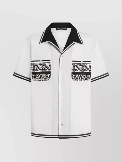 Dolce & Gabbana Short Sleeve Shirt With Contrast Collar And Graphic Print In Gray