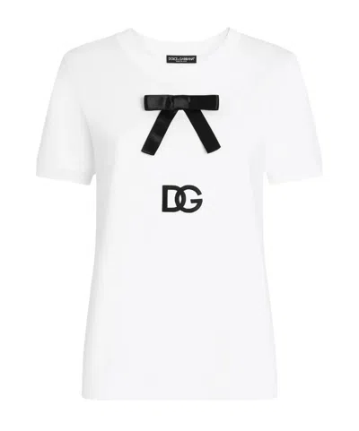 Dolce & Gabbana White T-shirt With Bow On The Front And Dg Logo In Multicolor