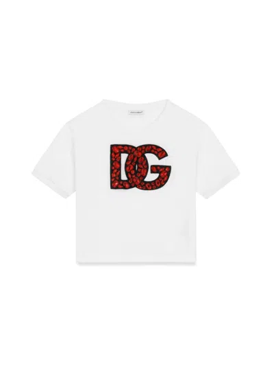 Dolce & Gabbana Kids' Girl's Rhinestone Embellished Interlocked Logo-print T-shirt In White