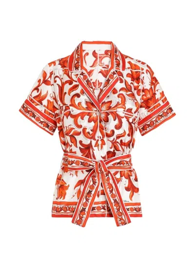Dolce & Gabbana Short Sleeve Top With Majolica Print In Orange