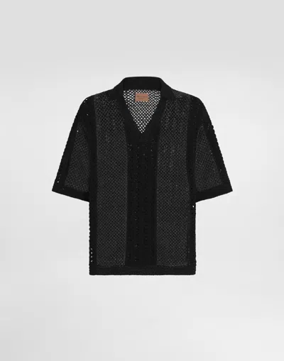 Dolce & Gabbana Short-sleeved Cotton Crochet Polo-shirt In Black