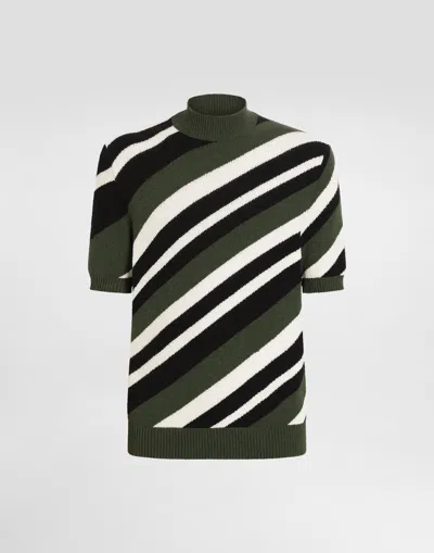 Dolce & Gabbana Short-sleeved Cotton Mock-turtleneck With Striped Inlay In Green